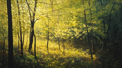 Fototapeta premium Luminous Forest Scene with Sunlight Filtering Through Green Leaves, Illuminating the Underbrush and Creating a Peaceful Natural Atmosphere in Springtime