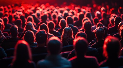 Obraz premium A crowd of people in a dimly lit auditorium, with a red hue dominating the scene.