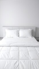 A cozy white bed adorned with fluffy pillows and soft pillow covers, creating a serene and inviting atmosphere in a beautifully decorated bedroom.