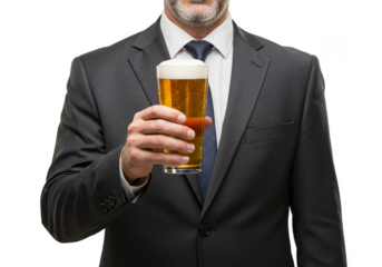 Illustration of Man in Suit Holding Glass of Beer Transparent BG