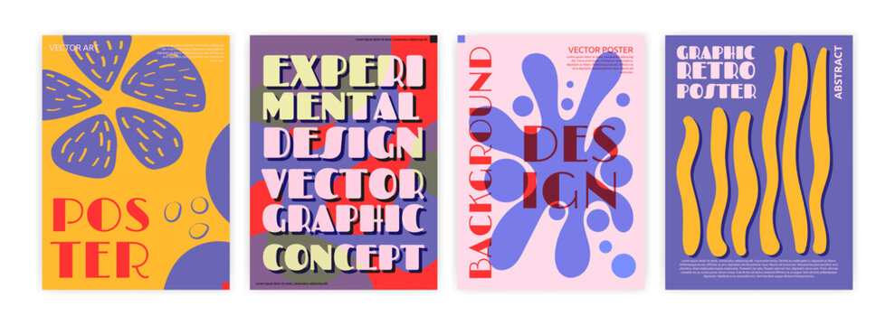 Abstract poster. Art design typography. Retro vibrant illustration for music event. Modern layout. Doodle flyer cover. Color blob or flat flower. Funny font phrase. Vector creative garish banners set