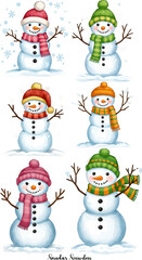 Illustration of Cheerful Snowman Characters with Festive Hat and Scarf