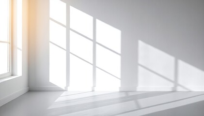 A bright, airy white room bathed in warm sunlight streaming through large windows, casting soft shadows on the minimalist decor and wooden floor.