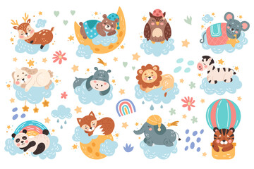 Cute animal sleeps. Cartoon character dreams on moon. Sky clouds and stars. Baby deer or bear doze under blanket. Drawn for kids night. Doodle print sticker. Vector children tidy illustrations set