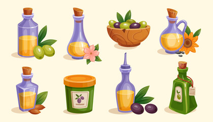 Olive oil icon. Cartoon bottle different forms. Kitchen food for health. Cooking diet salad. Organic butter, vegetable oils. Liquid Mediterranean fat. Vegetarian ingredients. Vector tidy illustration