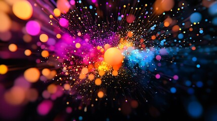 Vibrant explosion of colorful bokeh light particles on a dark background
