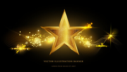 Gold star. Light sparks. Glow on black background. Luxury stage shape. 3D poster glitter. Premium sparkle show. Award ceremony. Overlay golden shiny effect. First place reward. Vector victory banner