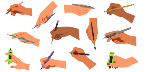 Hand hold pen. Pencil held by black wrist. Cartoon arm writing with marker. Brush or stylus in human fingers. Diverse female positions. School stationary. Drawing poses set. Vector flat graphic tools