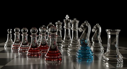 Naklejka premium Crystal Chess Set on Reflective Board: Strategic Game, Elegant Design, Transparent Pieces, Red and Blue Accents, Dark Background, Competition and Intellectual Challenge
