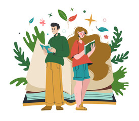 People read book. Man and woman enjoying of literature. Education for students. Knowledge in library or bookstore. Young smart boy and girl couple. Vector cartoon flat style isolated illustration