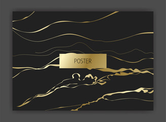 Premium black and gold marble background. Luxury poster, creative acrylic golden texture, horizontal invitation card or postcard. Brochure, flyer and menu cover, notebook design. Vector illustration