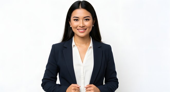 Confident businesswoman smiling against a white background. She's wearing a dark blazer and white shirt, looking directly at the camera.