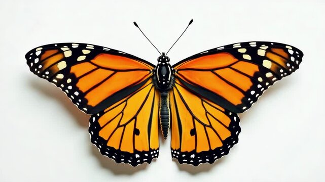 Monarch butterfly with vibrant orange and black wings flapping gently on white background, animated loop for nature and transformation themes
