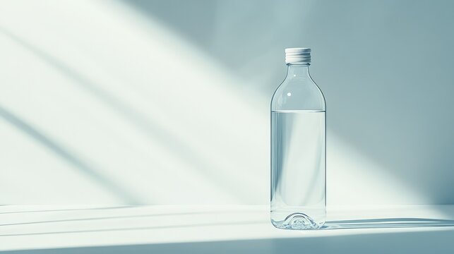 Clear Plastic Water Bottle on Minimalist Background with Soft Sunlight Highlights, Reflecting Purity and Simplicity in Modern Design Approach