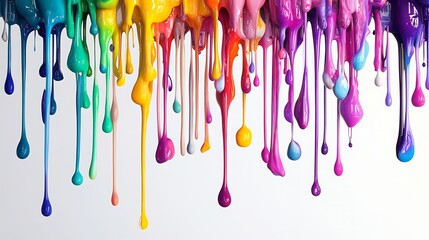 Colorful rainbow paint dripping and flowing down on a white background