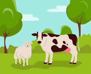 Cow and sheep on lawn. Farm animals, trees and meadow summer natural landscape. Funny agricultural pets. Cute domestic ranch happy mammals. Vector cartoon flat style isolated livestock illustration