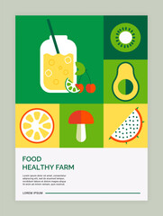 Healthy farm food poster. Detox cocktail, avocado, kiwi and tropical dragon fruit and vegetables. Geometric tiles, minimalist simple abstract background vector cartoon flat style isolated illustration