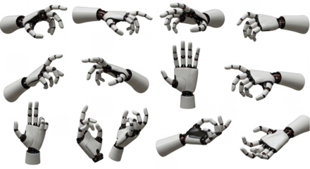 Illustration of Robotic White Hand in Various Poses on Transparent Background