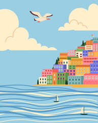 Summer vacation. Scenic seascape. Seashore town. Ocean water waves. Flying seagull in sky clouds. Yacht cruise travel. Seaside resort. Buildings in lagoon. Nature scenery. Vector coastline panorama