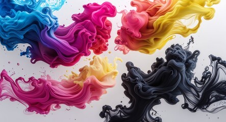 Vibrant Abstract Digital Artwork with Four Colored Ink Plumes in Blue Magenta Yellow and Black on White