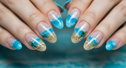 Ocean Inspired Nail Art Design: A Summer Manicure with Beach, Sand, Seaweed, Shells, and Blue Waves - Perfect for Beauty Salons, Spas, and Vacation Getaways