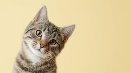 Curious tabby cat tilting head, looking in, yellow background with copy space