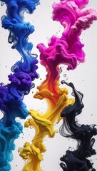 Vibrant Abstract Digital Artwork with Four Colored Ink Plumes in Blue Magenta Yellow and Black on White