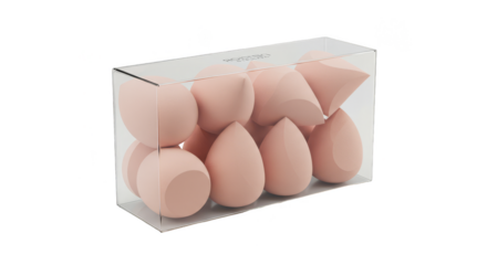 Isolated 3D Render Of Pink Makeup Sponges In Transparent Box On White