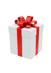Isolated 3d Render of White Gift Box with Red Ribbon Bow on Transparent