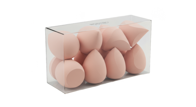 Isolated 3D Render Of Pink Makeup Sponges In Transparent Box On White