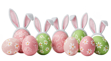 Illustration of Easter Eggs with Pink Green Bunny Ears on Transparent