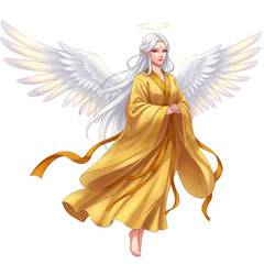 Illustration of Ethereal Angel Woman with Golden Gown and White Wings