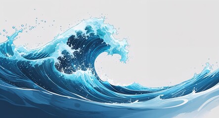 Realistic Blue Water Wave Illustration with Droplets and Fluid Motion on White Background