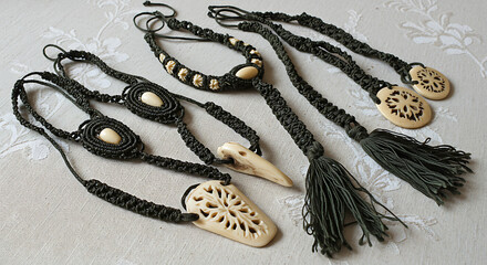Handmade macrame jewelry with natural motifs on a textured background  