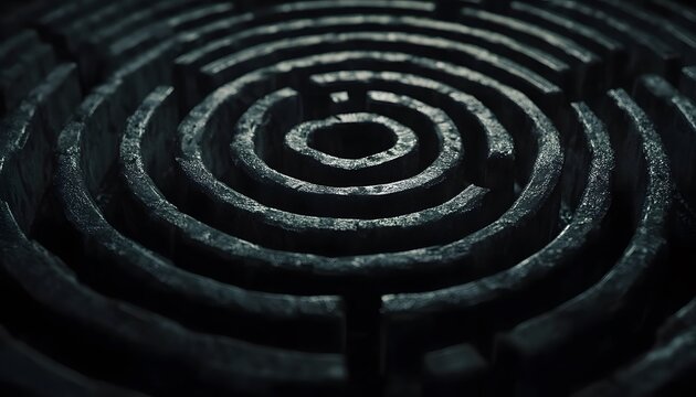 Intricate spiral maze design, dark and detailed.