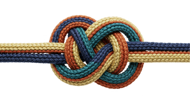 Isolated Abstract Rope Knot in Navy Beige Teal Colors with Shape Pattern