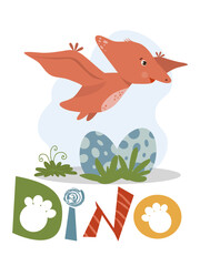 Colorful vector illustration of a pterodactyl flying over dinosaur eggs. Whimsical design with bright colors and playful elements is perfect for children s themes and educational materials.