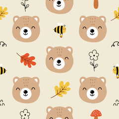 Seamless pattern with cute bear, bee, autumn leaves and flower on light yellow background for your fabric, children textile, apparel, nursery decoration, kids bedding. Vector illustration