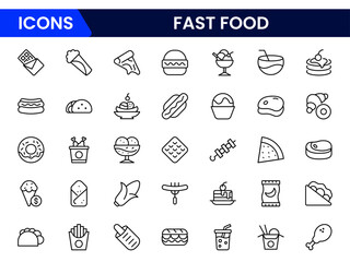 Vibrant vector web line icons showcasing fast food, burgers, fries, drinks, and quick dining experiences with bold, appetizing designs.