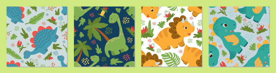 Set. Adorable dinosaur vector illustration in bright colors featuring different dinosaur characters in a repeating pattern. Perfect for kids clothing, wallpaper or educational materials.