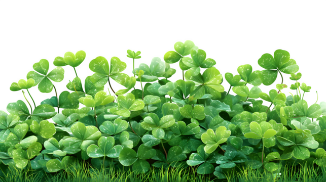 A vibrant green patch of clover with delicate three-leaf and four-leaf variations, isolated on Transparent Background.