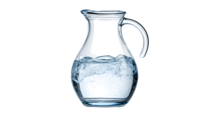 A clear glass carafe filled with fresh, pure water, isolated on Transparent Background.