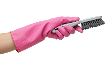 Naklejka premium Illustration Pink Glove Holds Gray Scrubbing Brush for Cleaning Task