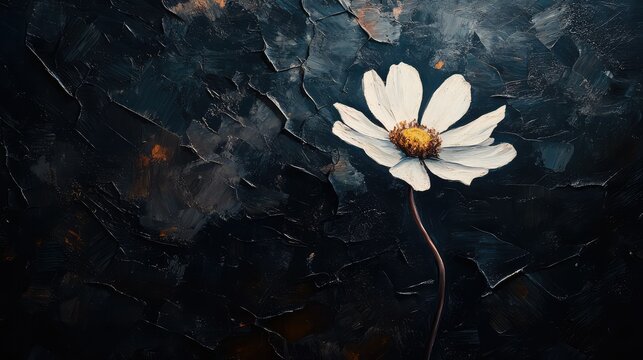 Single White Flower on Dark Textured Background, Artistic Floral Composition with Brush Stroke Details, Minimalistic and Elegant Nature Artwork for Decor