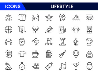 Stylish vector web line icons showcasing lifestyle elements, fashion, leisure, wellness, and modern living with vibrant, dynamic designs.