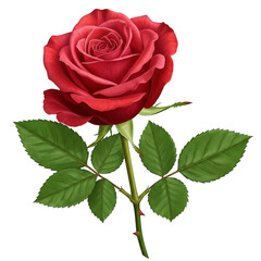 Illustration Red Rose Flower with Transparent Background and Green Leaves
