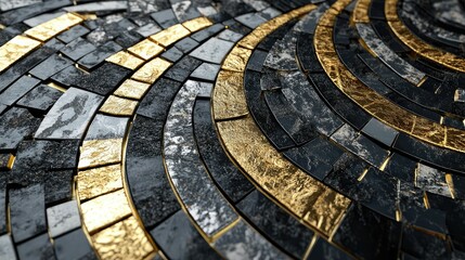 Fototapeta premium Elegant and Artistic Abstract Design Featuring Curved Patterns of Black and Gold Tiles on a Textured Surface for Modern Interior Aesthetics