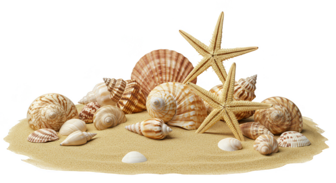 Isolated Beach Seashells and Starfish on Sand Transparent Background