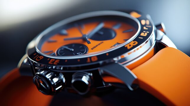 Close-up of a modern orange wristwatch with sleek design, featuring chronograph functions, bold numerals, and a vibrant rubber strap for stylish accessories in fashion photography