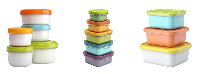 Colorful food storage containers with lids in various sizes, neatly stacked on transparent background